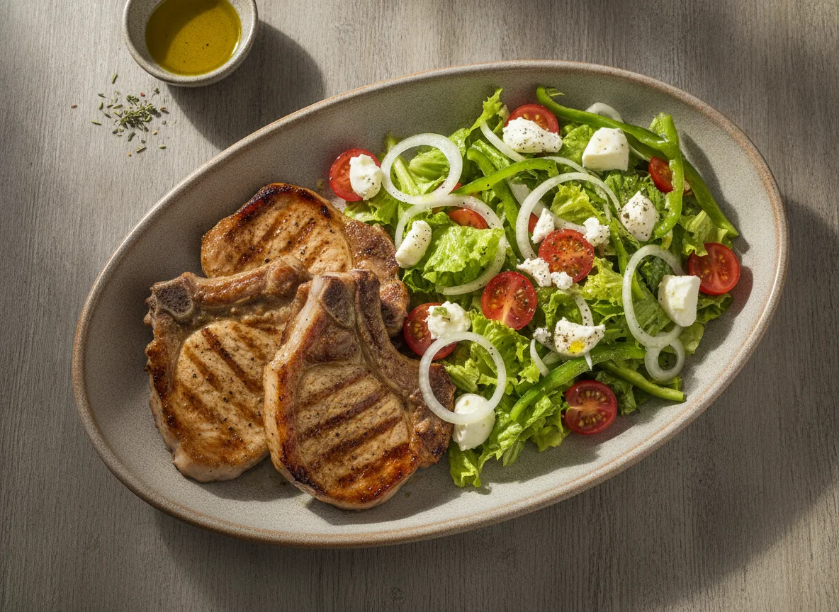 Chuletas de cerdo con ensalada mixta y queso photo