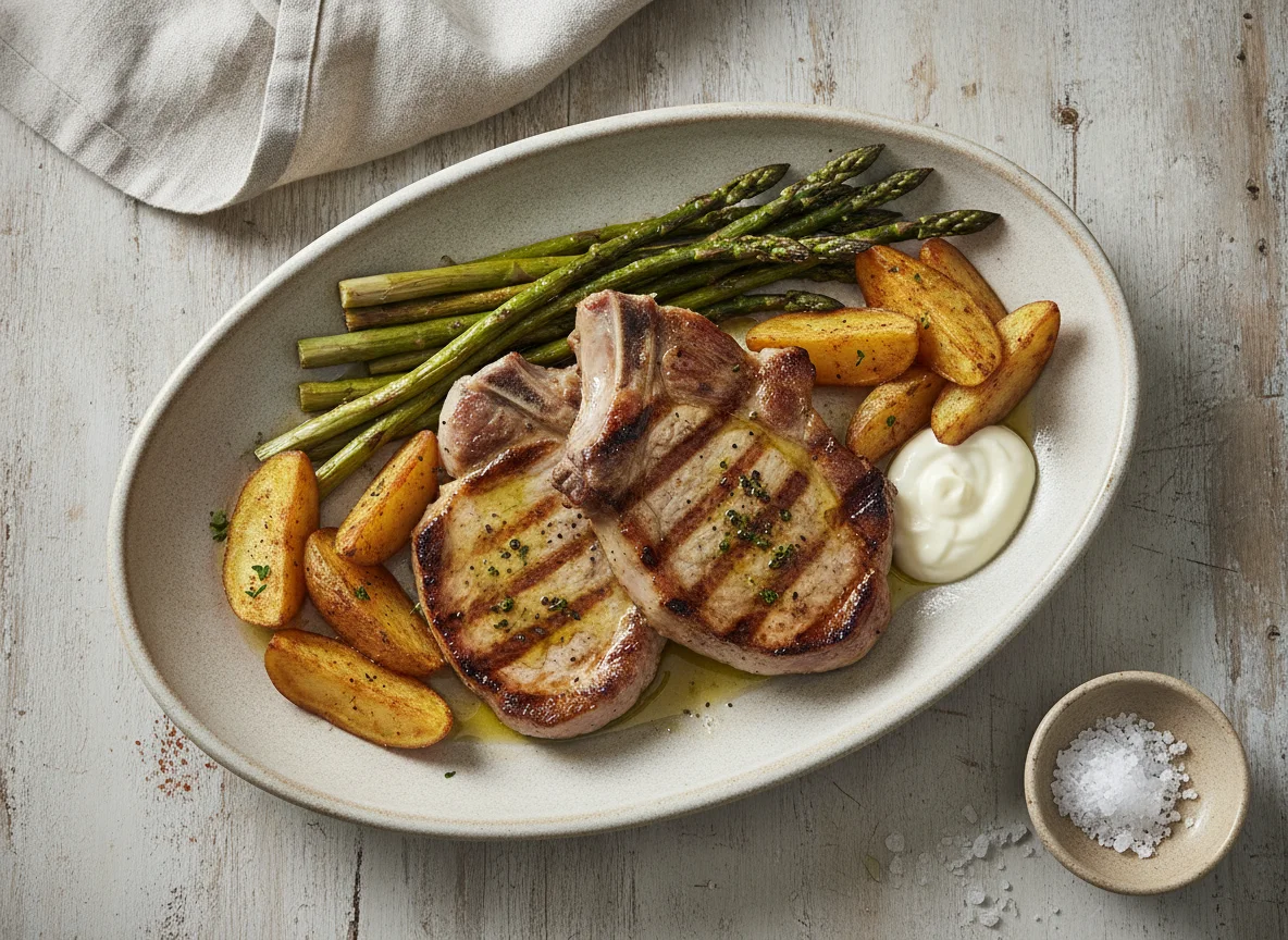 Chuletas de cerdo con espárragos trigueros y patatas photo