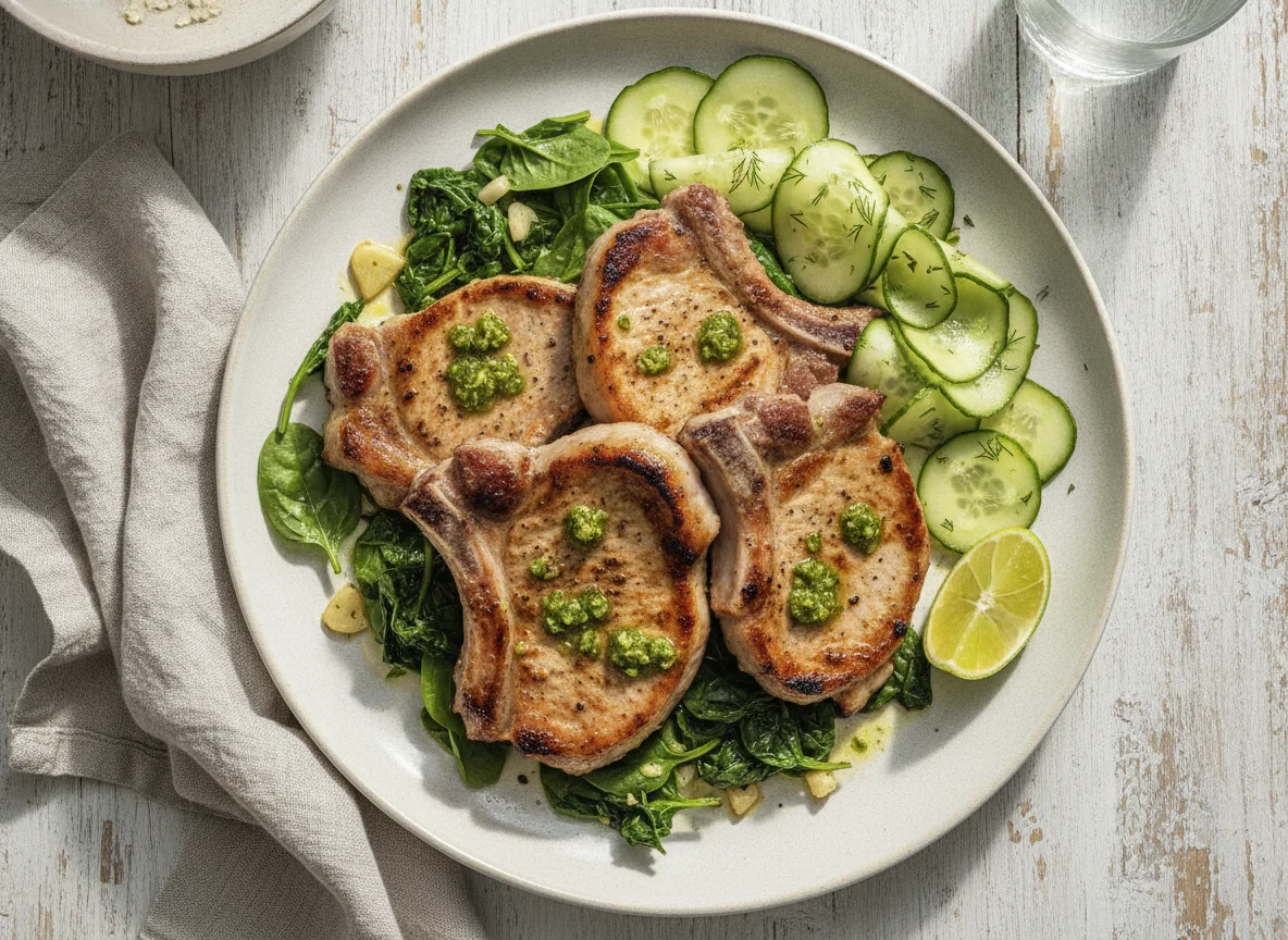 Chuletas de cerdo con espinacas y pepino photo