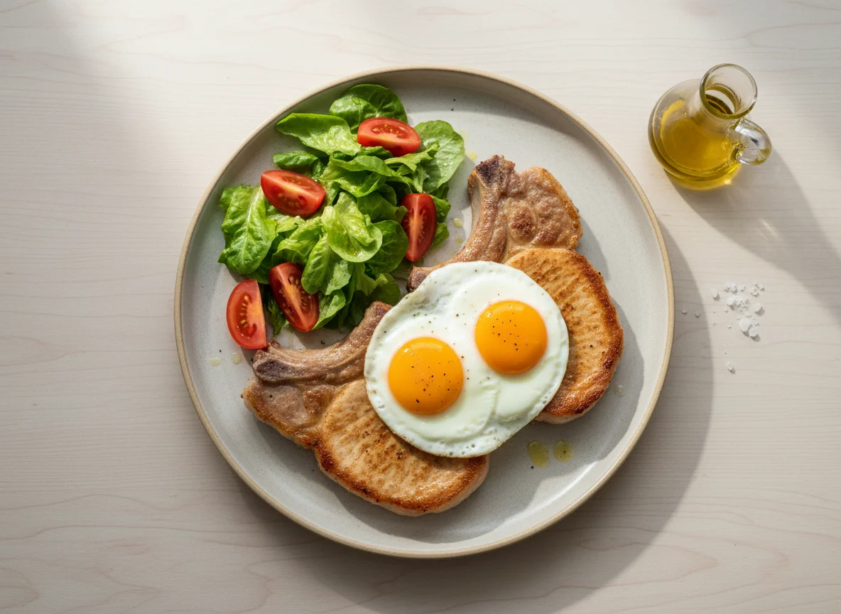 Chuletas de cerdo con huevos fritos y ensalada photo