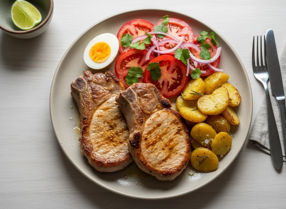 Chuletas de cerdo con papas asadas, ensalada y huevo duro photo