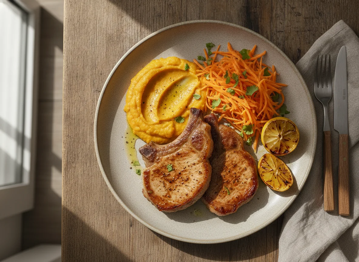 Chuletas de cerdo con puré de calabaza y zanahoria rallada photo