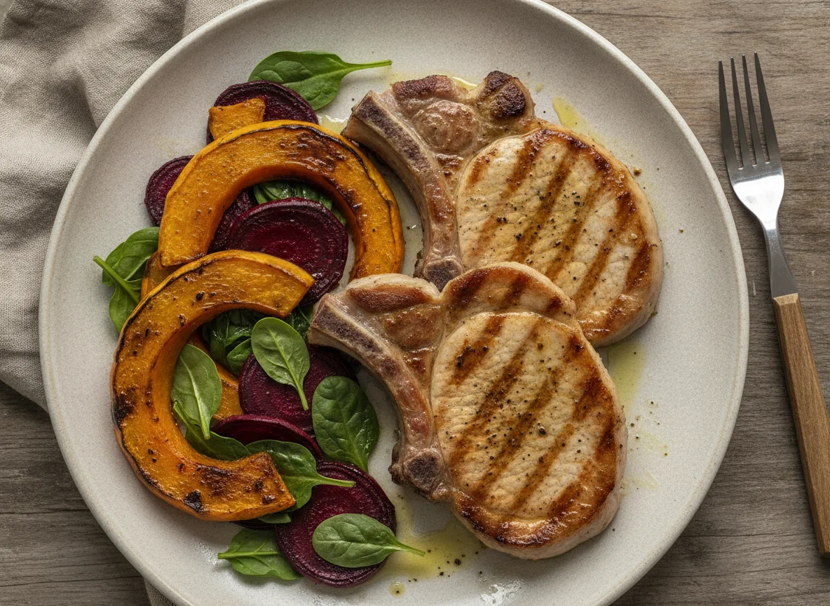 Chuletas de cerdo con vegetales asados y espinaca photo