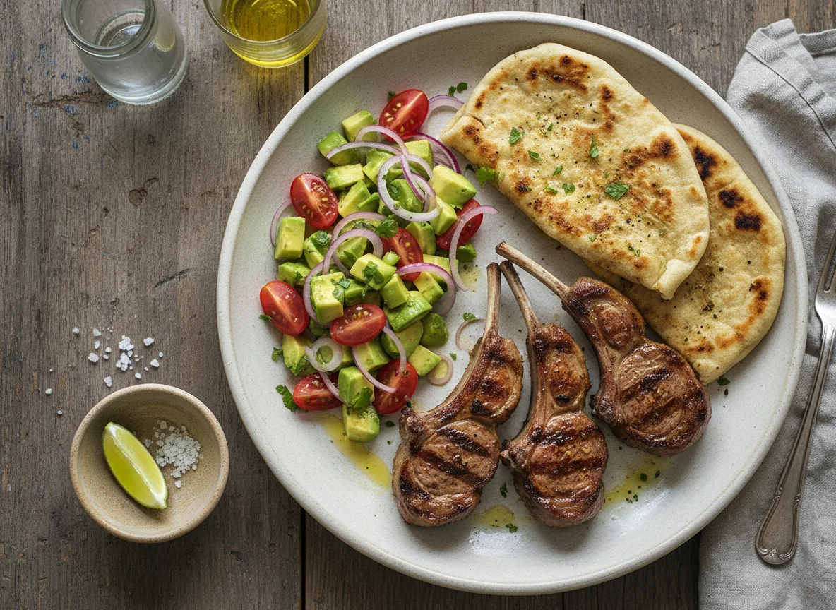Chuletas de cordero con ensalada de aguacate y cebolla y pan plano photo