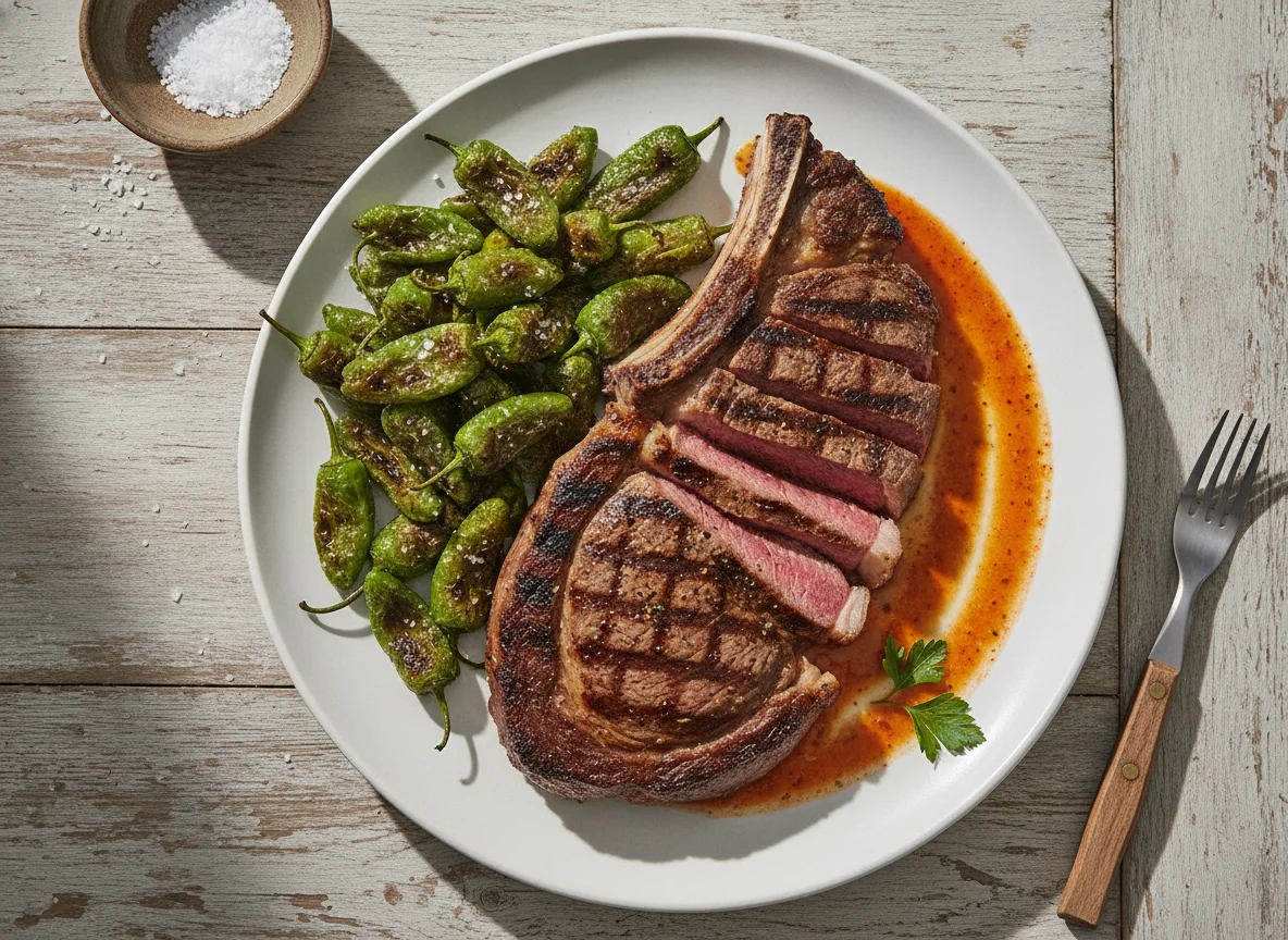 Chuletón con pimientos de Padrón y salsa photo