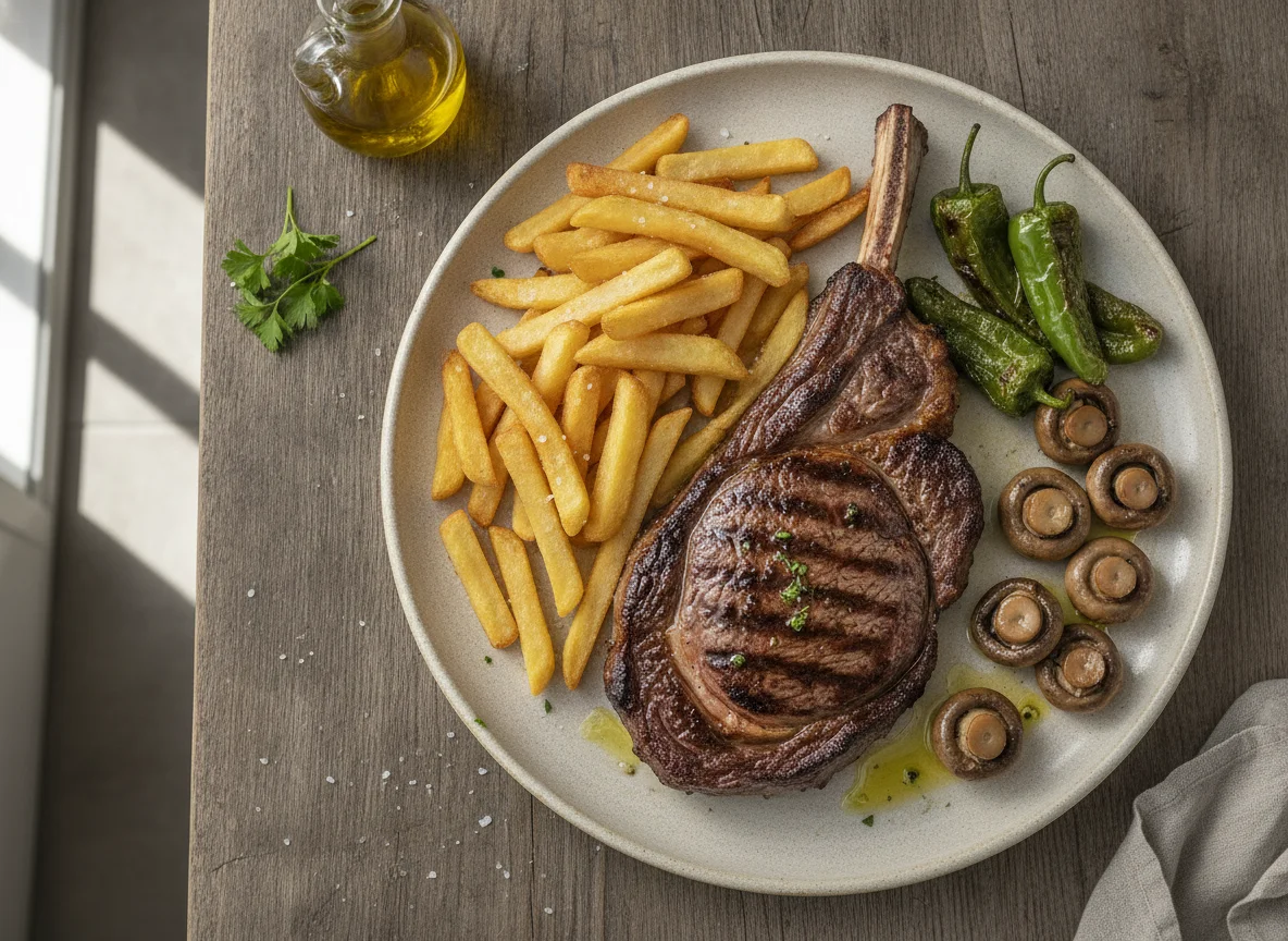 Chuletón de ternera con patatas fritas, champiñones y pimiento photo