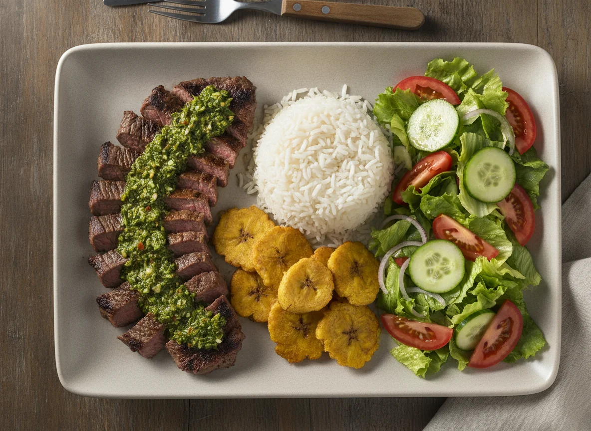Churrasco con arroz, tostones y ensalada photo