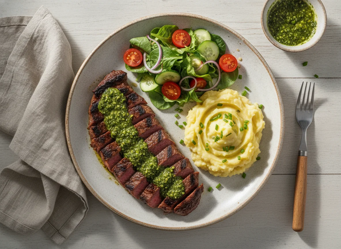 Churrasco con puré de papa y ensalada photo