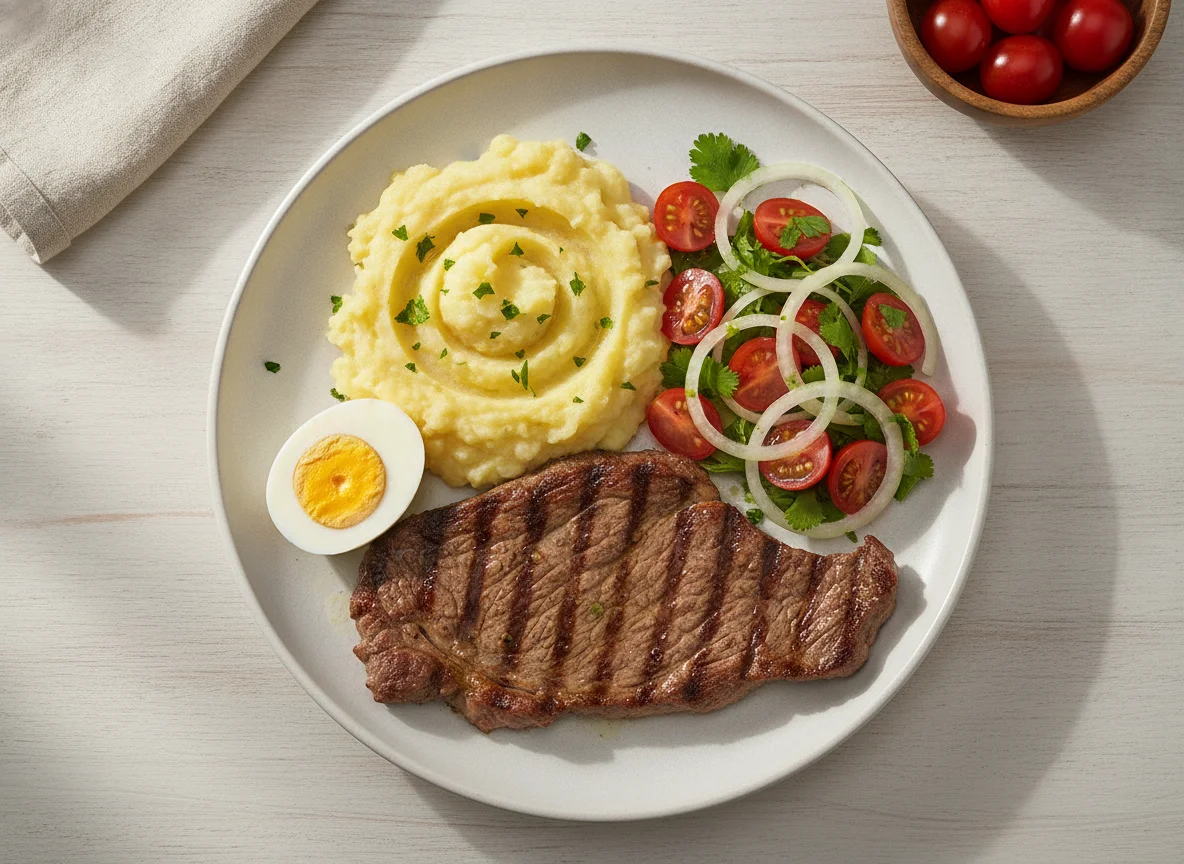 Churrasco con puré de papas, huevo duro y ensalada photo