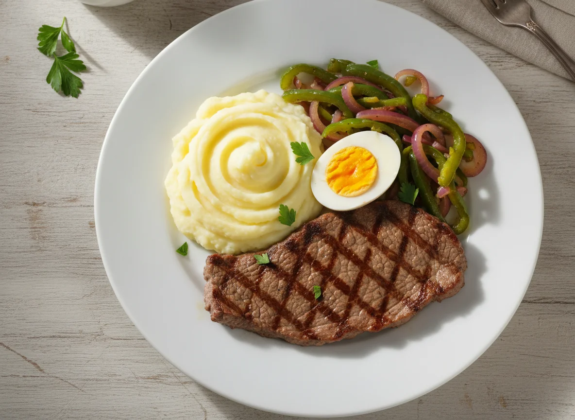 Churrasco con puré de papas, huevo y vegetales salteados photo