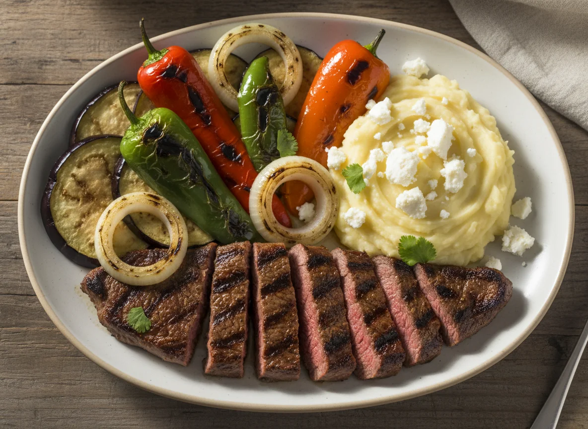 Churrasco con vegetales a la parrilla y puré photo