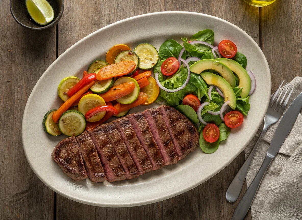 Churrasco con vegetales salteados y ensalada photo