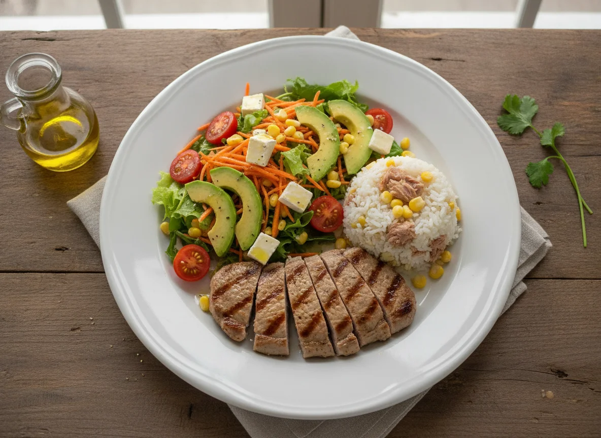 Churrasco de cerdo con ensalada mixta y arroz con atún photo