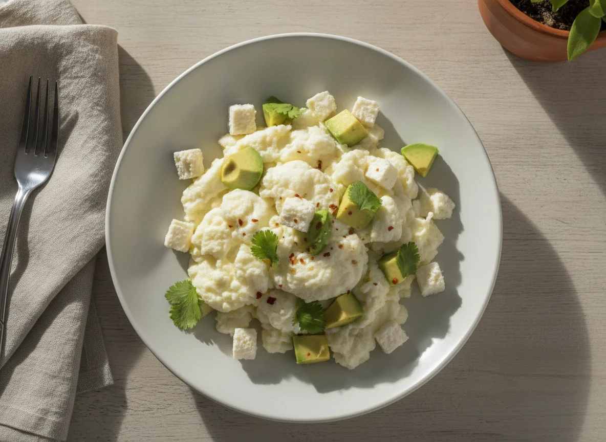 Claras de huevo con aguacate y queso panela photo