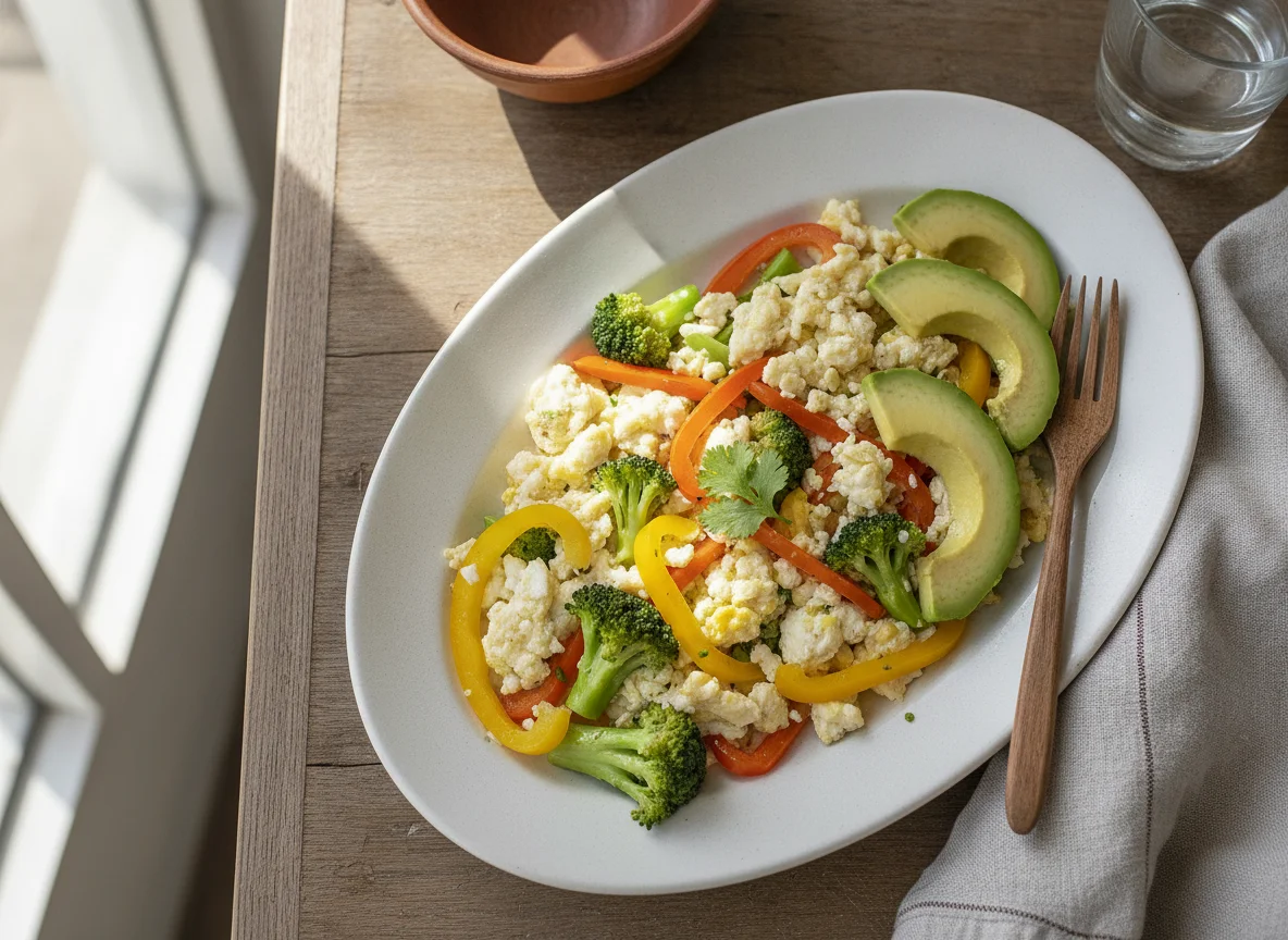 Claras de huevo con brócoli, pimientos y aguacate photo
