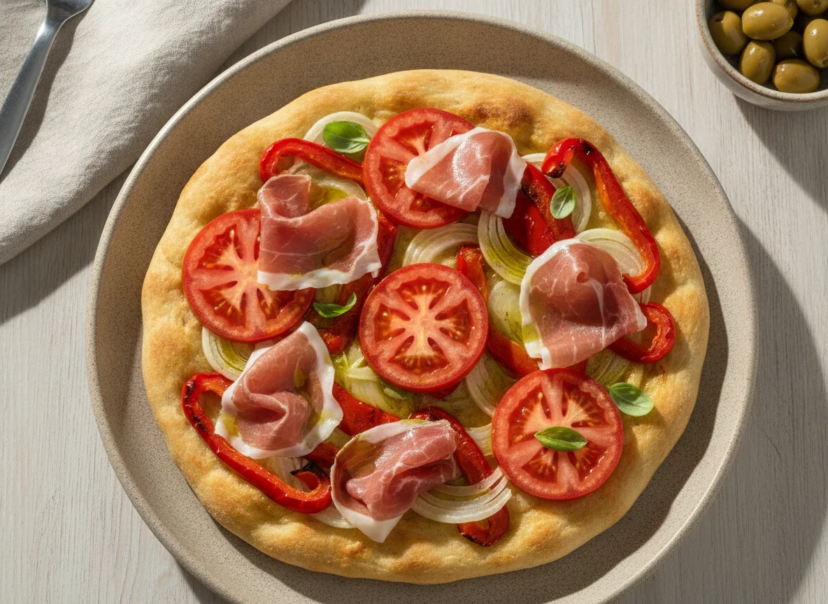 Coca de recapte con jamón y verduras photo