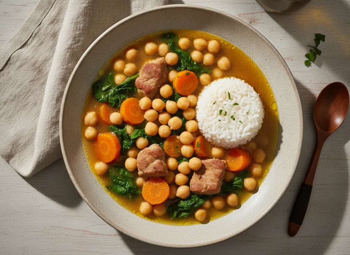 Cocido con garbanzos, carne y verduras photo
