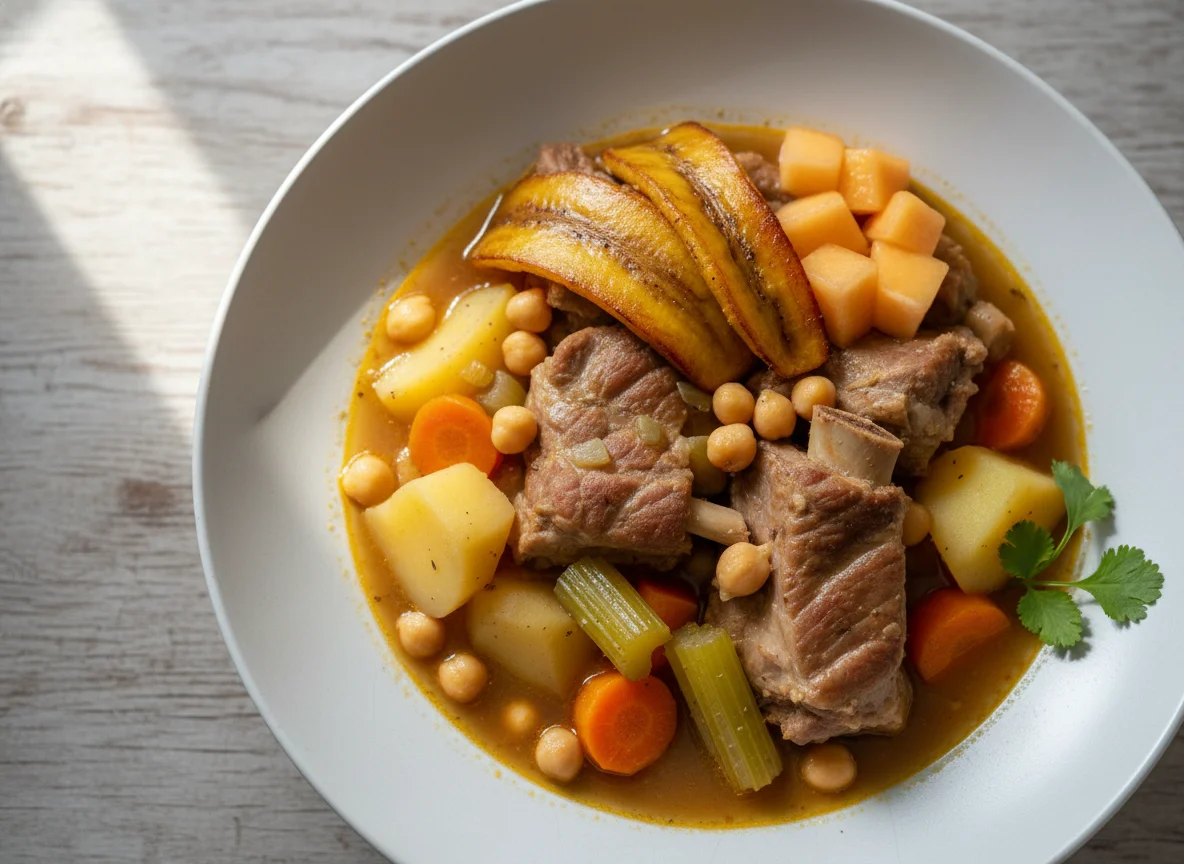 Cocido de cerdo con verduras y plátano photo