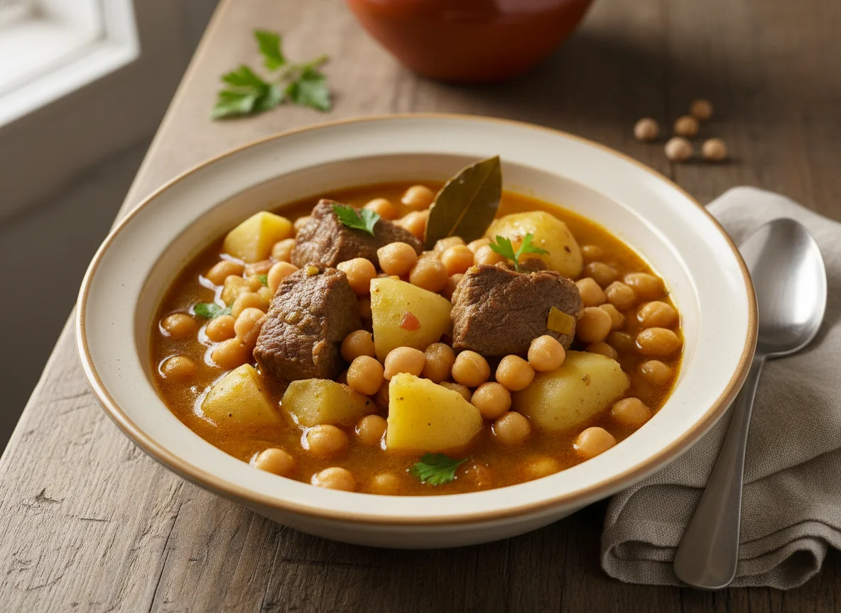 Cocido de garbanzos con carne y patata photo