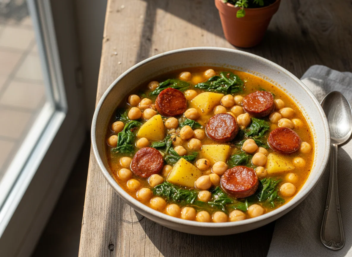 Cocido de garbanzos con espinacas y chorizo photo