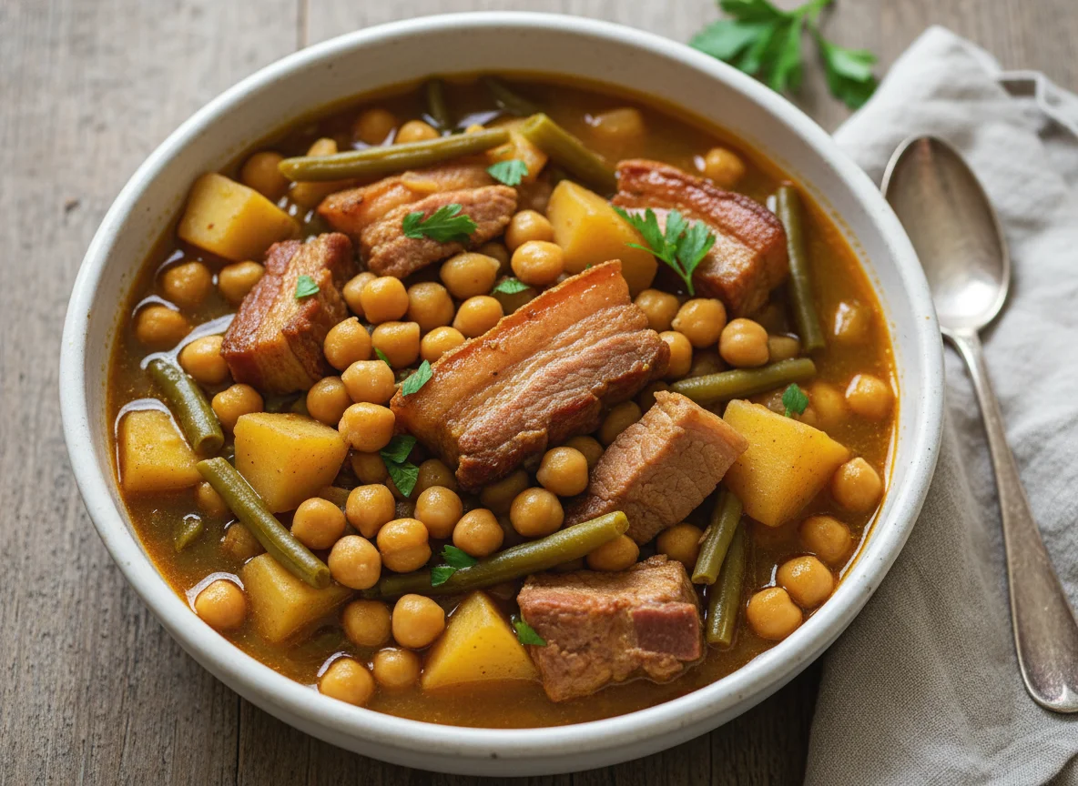 Cocido de garbanzos con patatas y judías verdes photo