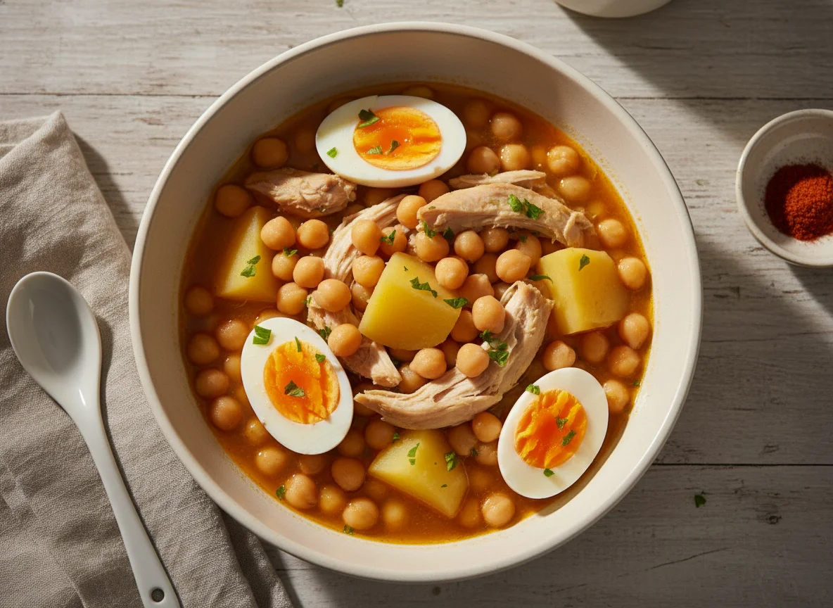 Cocido de garbanzos con pollo y huevo photo