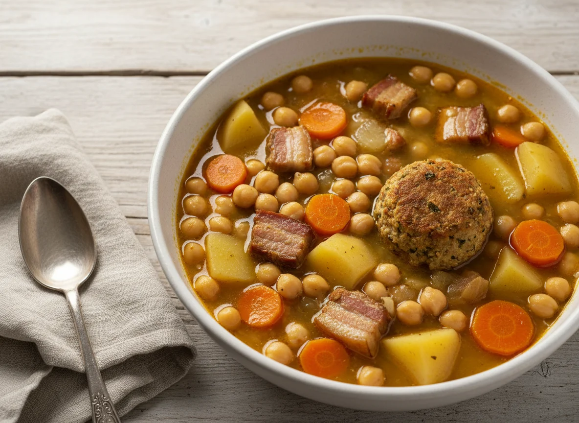 Cocido de garbanzos con verduras y carne photo