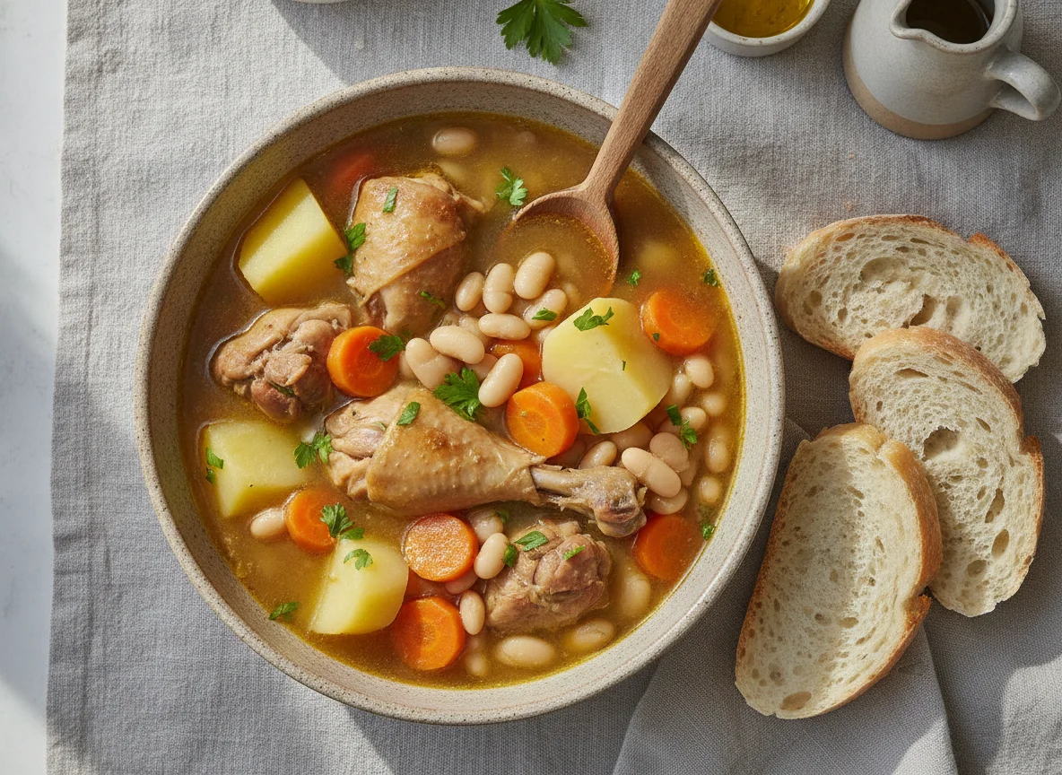 Cocido de pollo con patatas y alubias photo