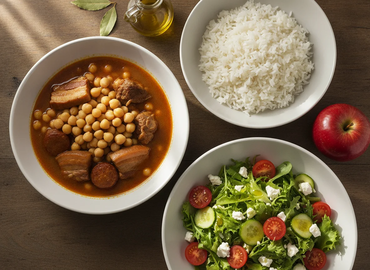 Cocido madrileño con ensalada, arroz y manzana photo