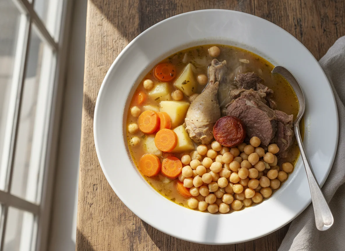 Cocido madrileño (sopa y garbanzos) photo