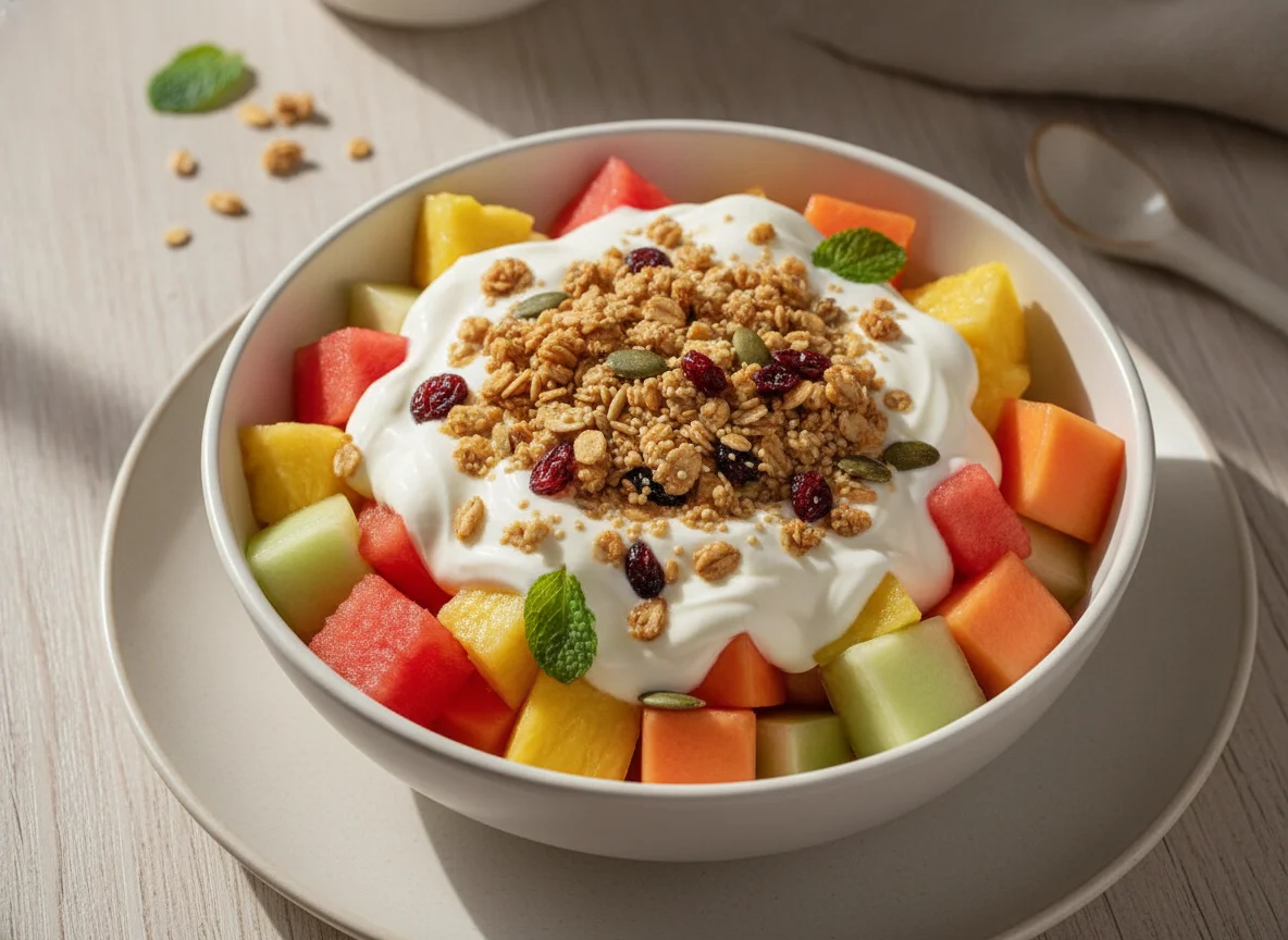 Cóctel de frutas con yogur y granola photo