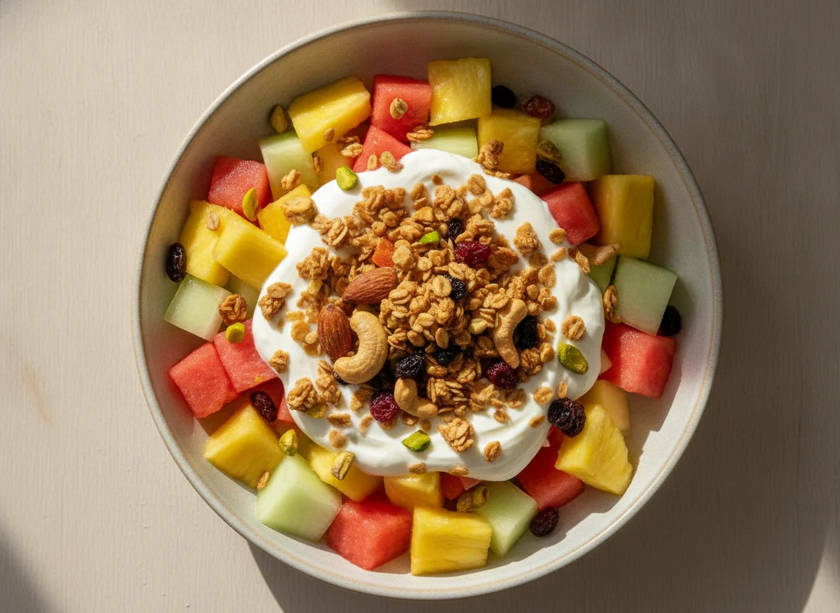 Coctel de frutas con yogurt y granola photo