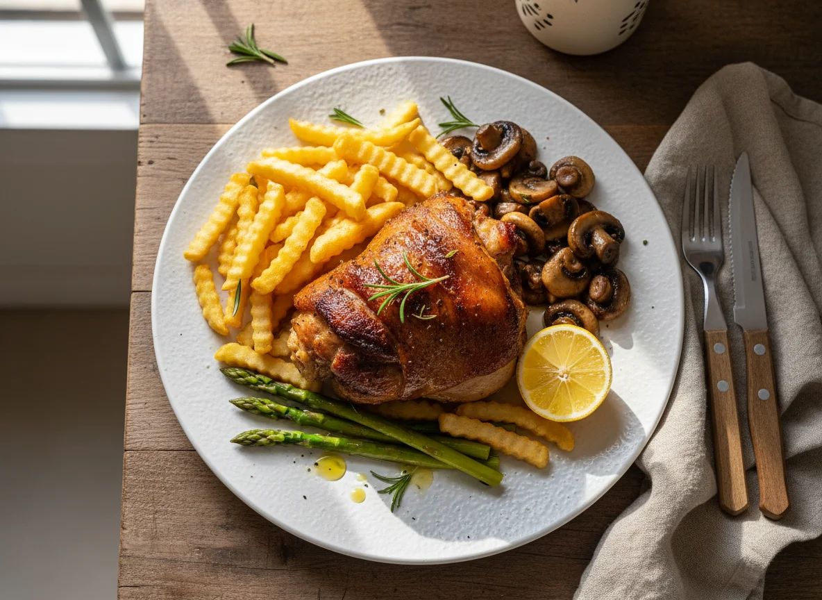 Codillo de cerdo con patatas fritas, champiñones y espárragos photo