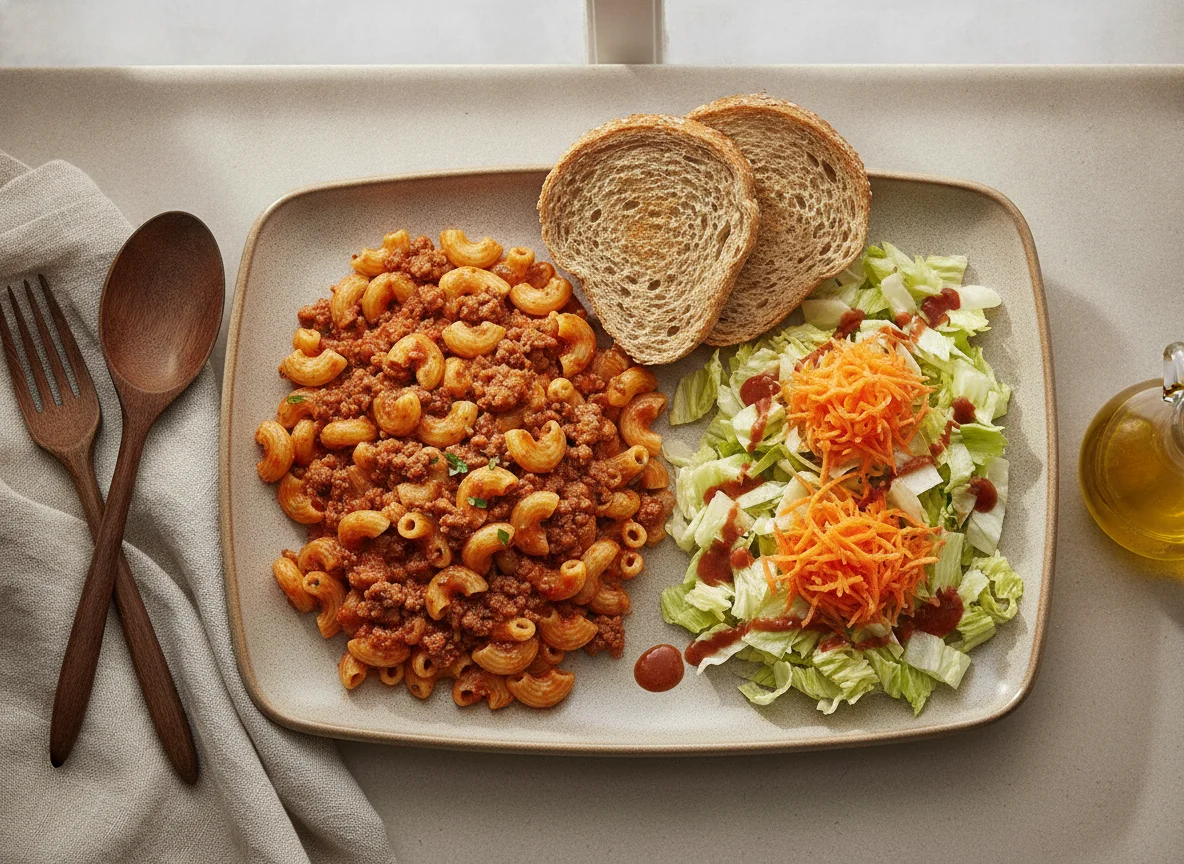Coditos con carne molida, ensalada y pan photo