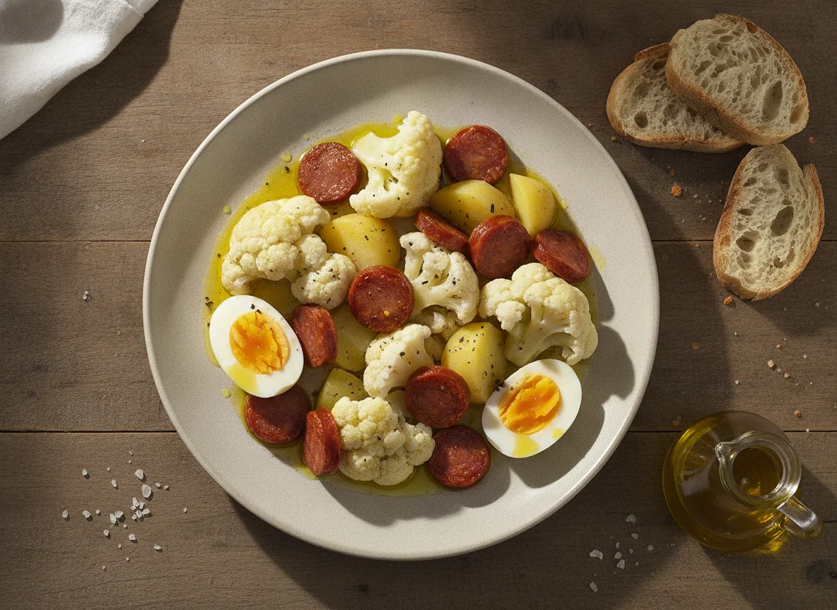 Coliflor cocida con huevo, chorizo y patata photo