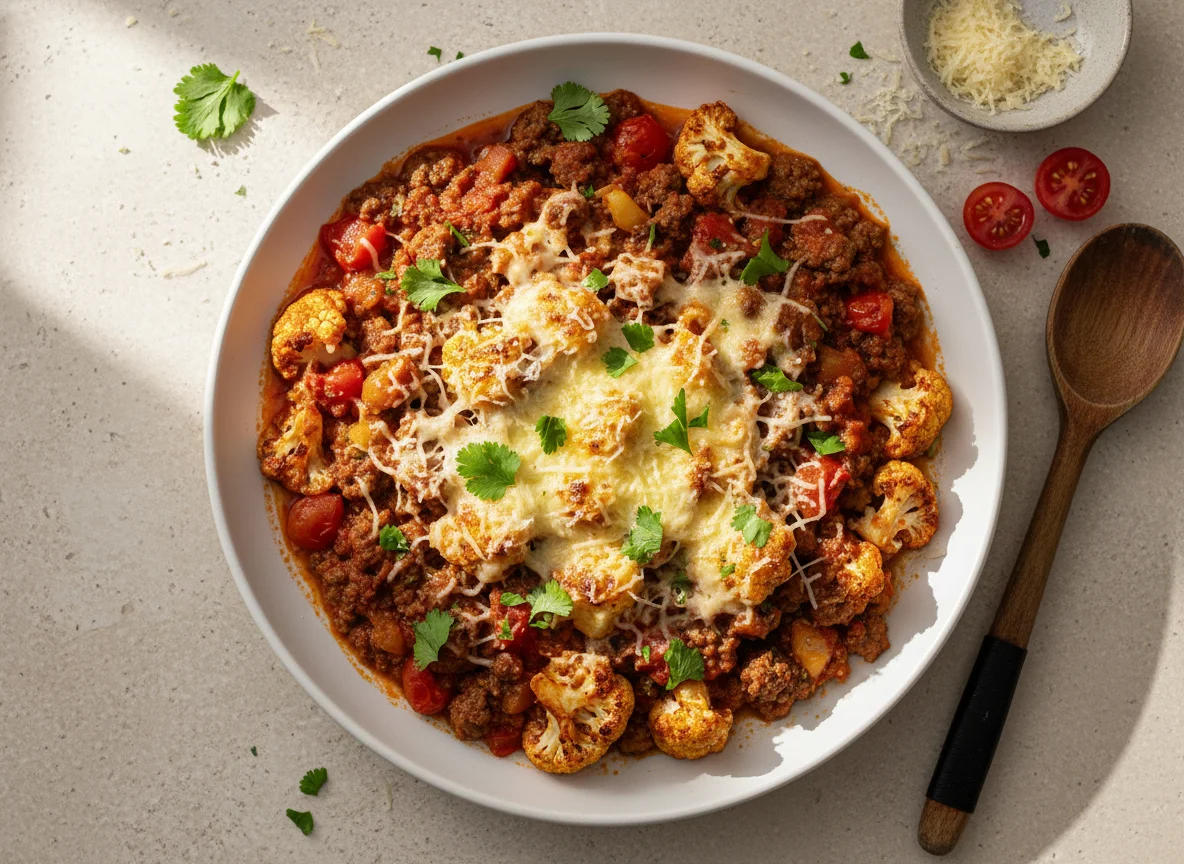 Coliflor con carne molida y salsa de jitomate photo