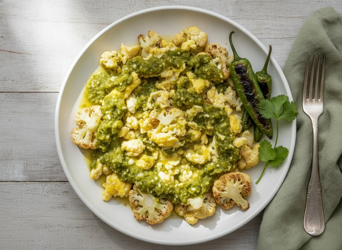 Coliflor con huevo y salsa verde photo