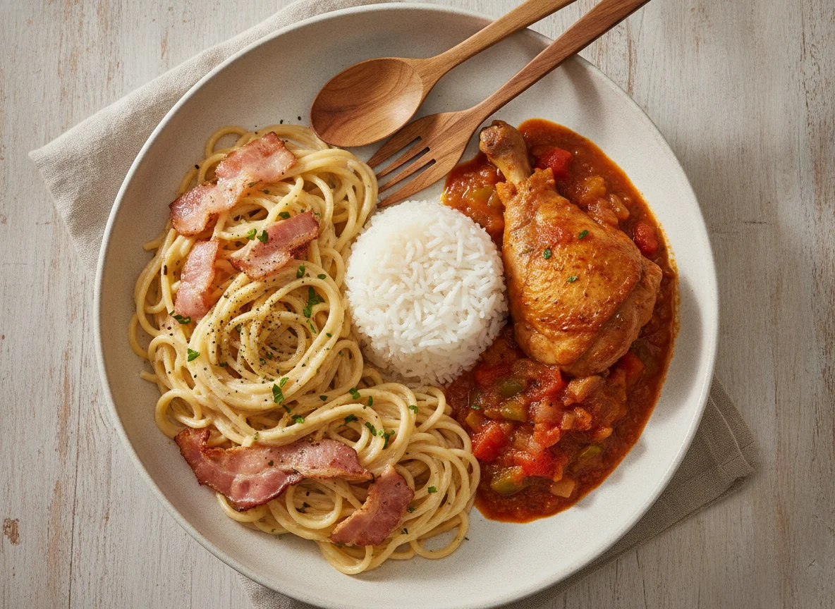 Combinado de espaguetis carbonara, arroz blanco y pollo guisado photo