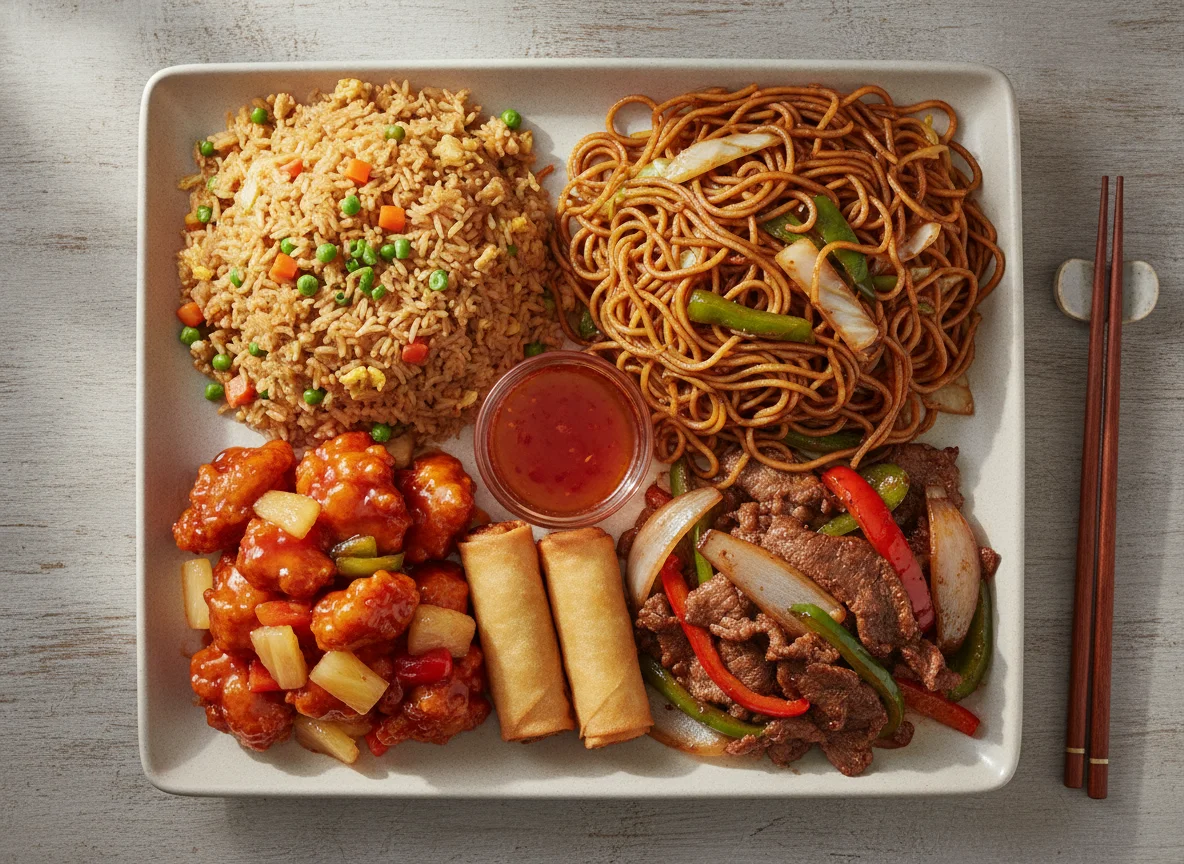 Combo de comida china con arroz frito, fideos, pollo agridulce y lumpi photo