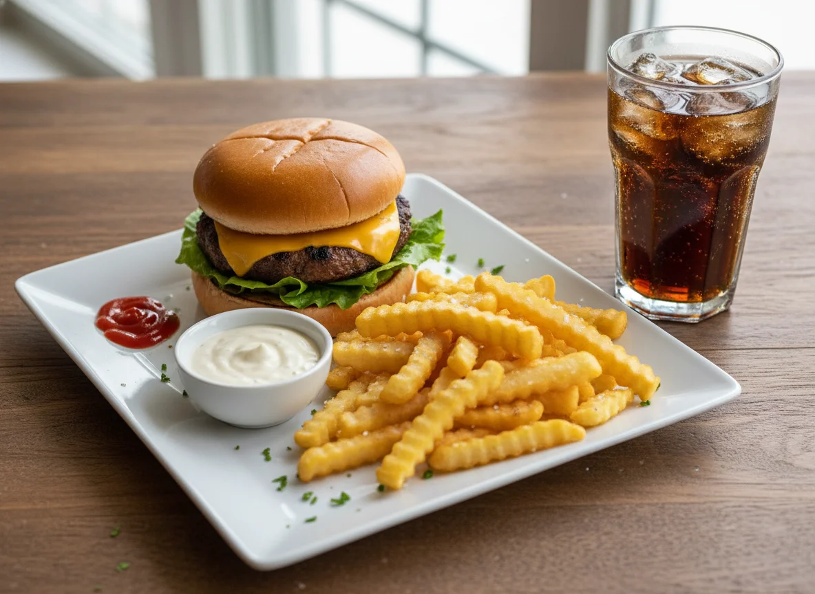 Combo de hamburguesa con queso, papas fritas y bebida photo