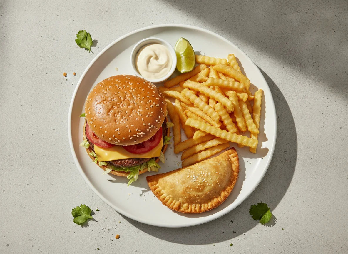 Combo de Hamburguesa con Queso, Papas Fritas y Empanada photo