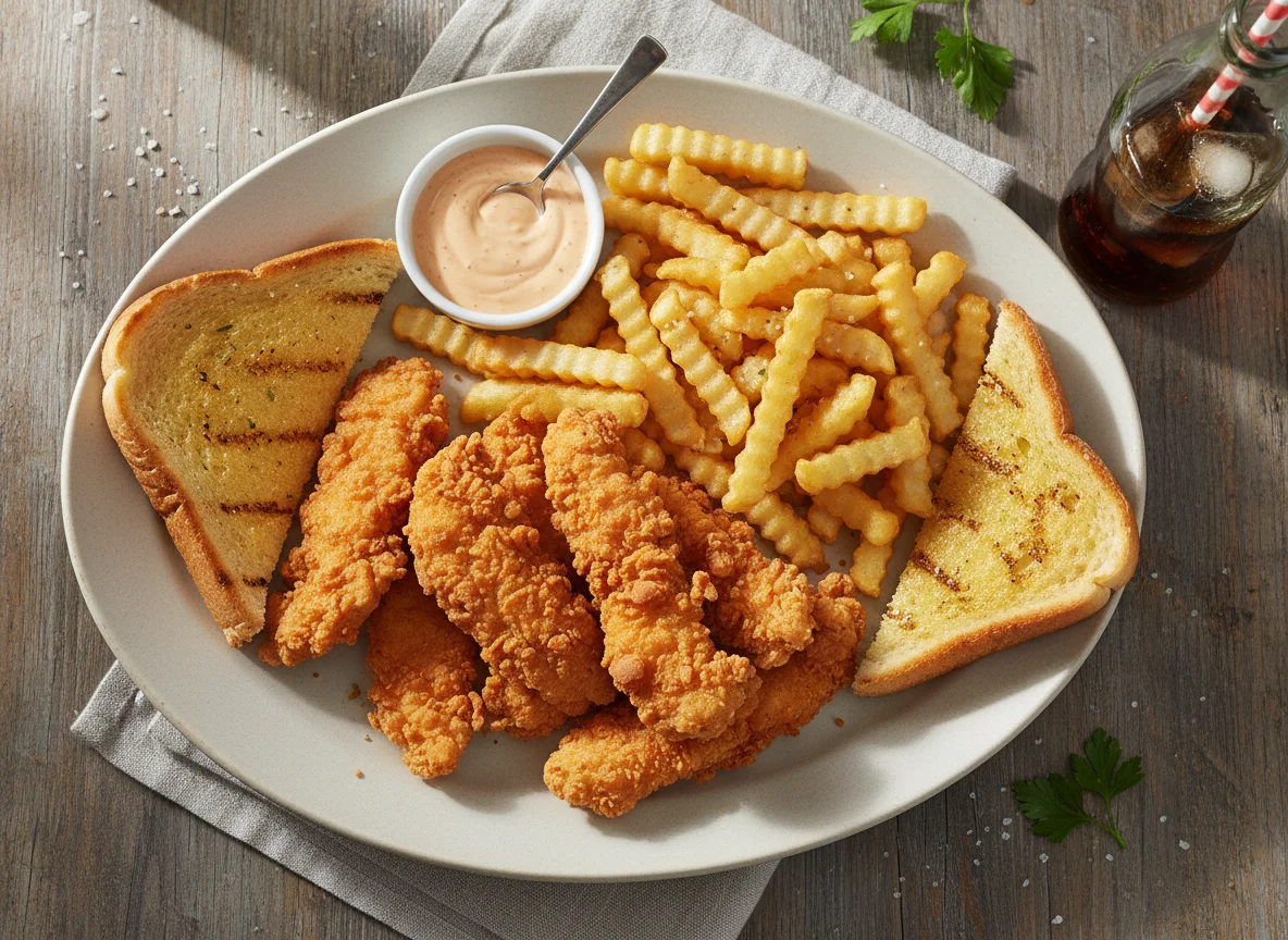 Combo de Tiras de Pollo con Papas Fritas y Pan Tostado photo