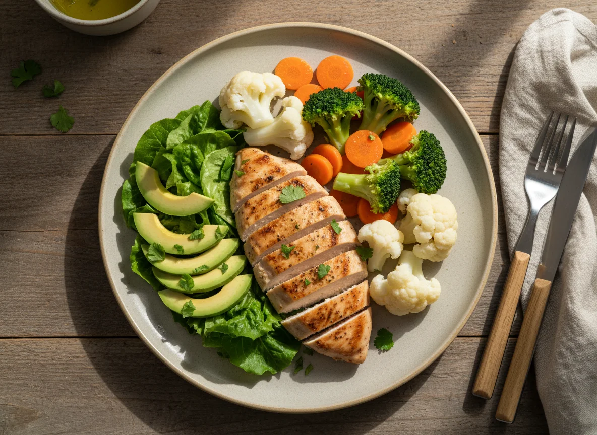 Comida balanceada con pollo y vegetales photo