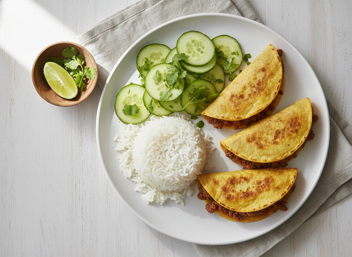 Comida casera con arroz, ensalada de pepino y tortillas de carne photo