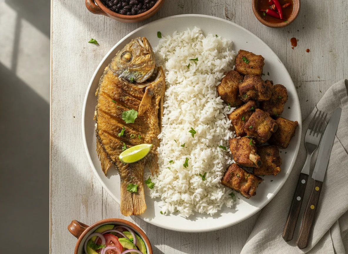 Comida casera con arroz y carne photo
