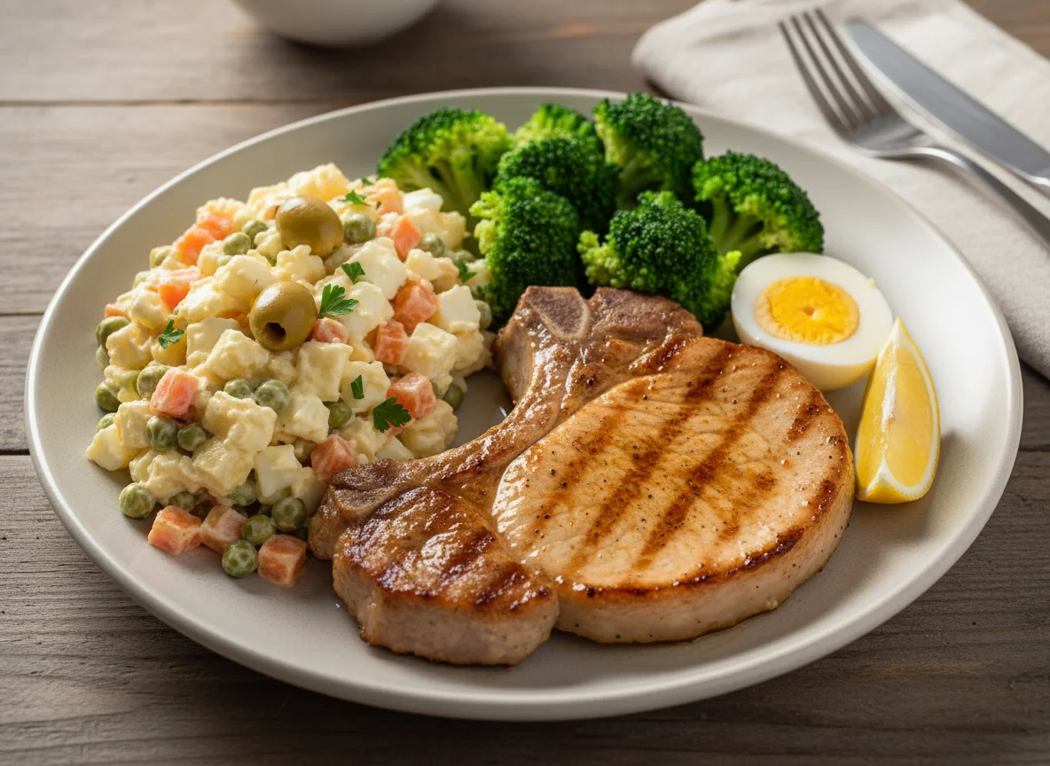 Comida casera con brócoli, ensaladilla y carne photo