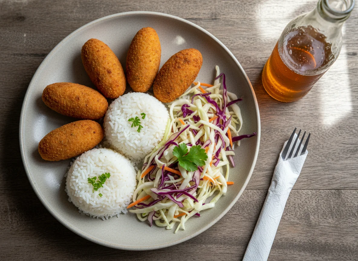 Comida casera con croquetas, arroz y ensalada de repollo photo