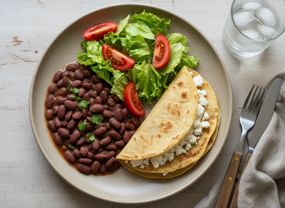 Comida casera con frijoles, tortillas con queso y ensalada photo