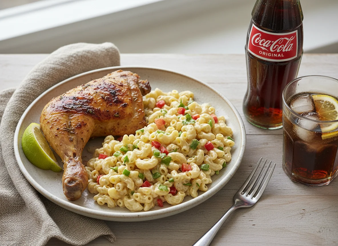 Comida casera con pollo asado y ensalada de pasta photo
