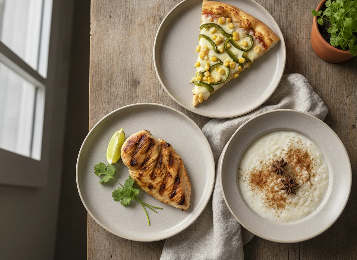 Comida casera con pollo, pizza y sopa photo